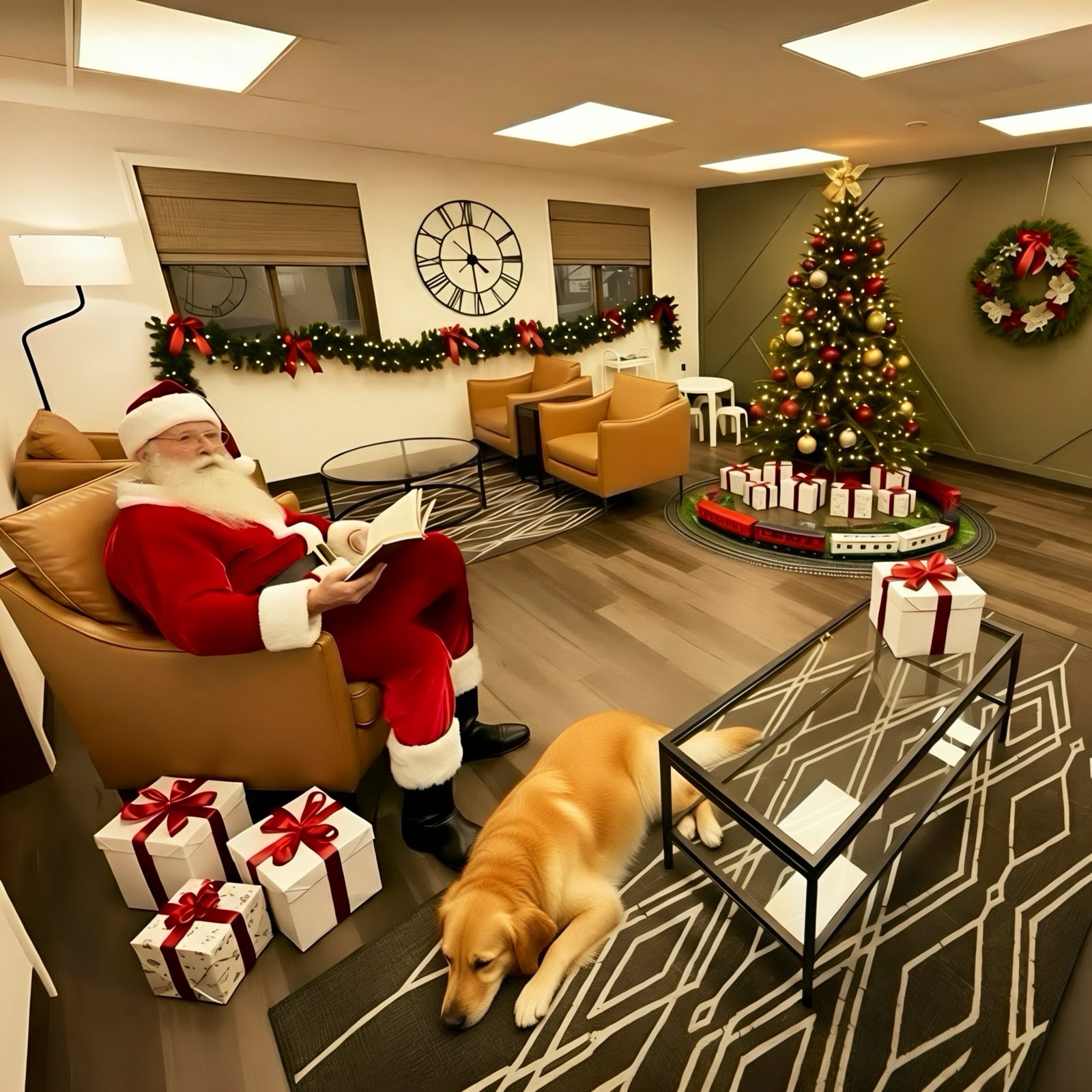 Santa reading in the VVR waiting room while Rudy rests at his feet — Christmas tree, presents, and holiday decorations
