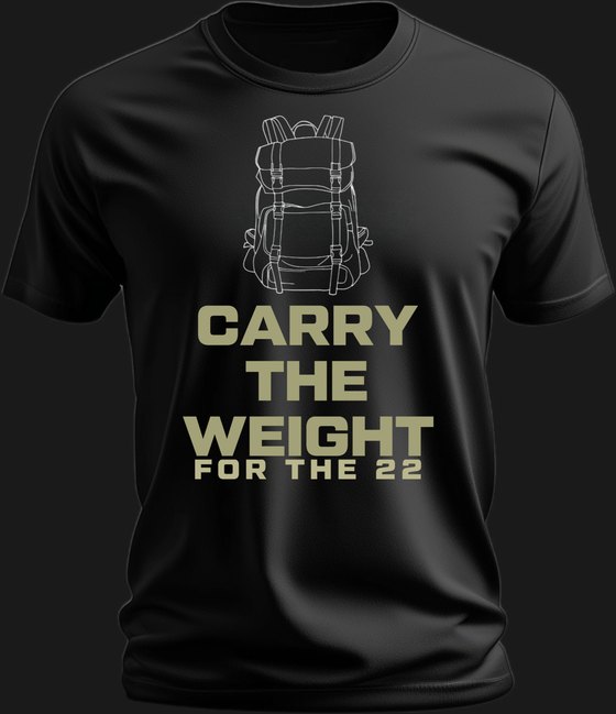 The Carry event shirt, front — a rucksack outline above CARRY THE WEIGHT, FOR THE 22
